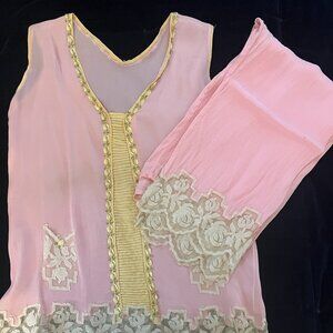 Vintage Pajama Set Pink Yellow Lace Trim Satin Set Small